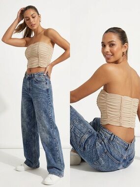 I.AM.GIA Beige Mesh Ruched Corset-Style Tube Top - Size S